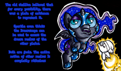 Size: 1280x758 | Tagged: safe, artist:darkone10, artist:legaspingman, nightmare moon, oc, oc:nyx, alicorn, pony, g4, alicorn oc, black background, cute, dream orb, dream orbs, dream realm, dream walker, dreamscape, duo, duo female, female, filly, floating, foal, horn, implied self ponidox, incoming, incoming self ponidox, nightmare woon, nyxabetes, ocbetes, self paradox, self ponidox, simple background, text, the fun has been doubled, tumblr:asktwilyandwoon, wings