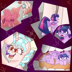 Size: 1580x1580 | Tagged: safe, artist:slivka, cozy glow, twilight sparkle, alicorn, pony, g4, ><, bad end, bangs, bell, butt, cozypred, eyes closed, fangs, female, filly, filly pred, foal, grass, grogar's bell, horn, inside mouth, looking up, mare, mare prey, open mouth, outdoors, plot, preylight, shrinking, shrunken, teeth, tongue out, victorious villain, vore, wings