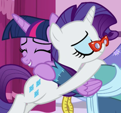 Size: 656x613 | Tagged: safe, screencap, rarity, twilight sparkle, alicorn, pony, unicorn, a-dressing memories, g4, my little pony: friendship is forever, the last problem, clothes, coronation dress, cropped, cute, dress, duo, duo female, eyes closed, female, glasses, hug, mare, measuring tape, rarity's glasses, second coronation dress, twilight sparkle (alicorn)