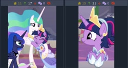 Size: 1207x643 | Tagged: safe, princess celestia, princess luna, twilight sparkle, alicorn, pony, derpibooru, g4, my little pony: friendship is magic, the last problem, clothes, crown, dress, hoof shoes, hug, jewelry, juxtaposition, meta, palindrome get, regalia, royalty, second coronation dress, smiling, twilight sparkle (alicorn)