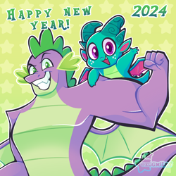 Size: 2048x2048 | Tagged: safe, artist:3ggmilky, sparky sparkeroni, spike, dragon, g4, g5, baby, baby dragon, cute, duo, duo male, flexing, gigachad spike, grin, happy new year, happy new year 2024, high res, holiday, male, older, older spike, open mouth, open smile, smiling, sparky and his hero, sparkybetes, winged spike, wings, year of the dragon