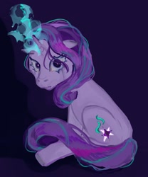 Size: 1063x1278 | Tagged: source needed, safe, artist:taesherat, starlight glimmer, g4, black background, black eye, corrupted, corrupted starlight glimmer, ears back, looking at you, magic, magic aura, simple background, spell