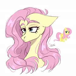 Size: 2048x2048 | Tagged: safe, artist:cursed soul, fluttershy, pegasus, pony, g4, bust, eyebrows, female, floppy ears, high res, mare, portrait, simple background, sketch, slender, solo, thin, three quarter view, white background