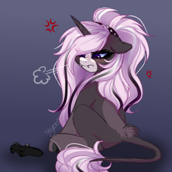 Size: 2000x2000 | Tagged: safe, artist:skyboundsiren, oc, oc only, oc:digit morose, classical unicorn, pony, unicorn, angry, cloven hooves, controller, dualshock controller, female, glare, goth, gradient background, high res, horn, leonine tail, pastel goth, piercing, pigtails, sitting, snorting, solo, spiked headband, unshorn fetlocks