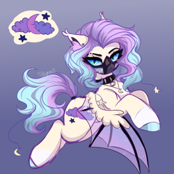 Size: 2000x2000 | Tagged: safe, artist:skyboundsiren, oc, oc only, oc:dreamy nightfall, bat pony, collar, colored wings, ear fluff, ear piercing, eyeliner, facial markings, female, gradient background, gradient mane, gradient wings, hair accessory, high res, jewelry, makeup, mask, necklace, pastel goth, piercing, shaved mane, short mane, signature, sketch, wings