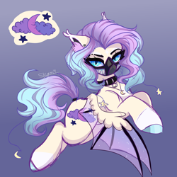 Size: 2000x2000 | Tagged: safe, artist:skyboundsiren, oc, oc only, oc:dreamy nightfall, bat pony, pony, collar, colored wings, ear fluff, ear piercing, eyeliner, facial markings, female, gradient background, gradient mane, gradient wings, hair accessory, high res, hybrid wings, jewelry, makeup, mask, necklace, pastel goth, piercing, shaved mane, short mane, signature, sketch, solo, wings