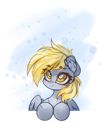 Size: 3541x4096 | Tagged: safe, artist:jfrxd, derpy hooves, pegasus, pony, g4, abstract background, bust, ear fluff, female, halfbody, high res, hooves, mare, partially open wings, smiling, solo, three quarter view, wings