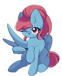 Size: 2086x2550 | Tagged: safe, artist:miryelis, oc, oc only, oc:rainven wep, pegasus, pony, 2024 community collab, derpibooru community collaboration, female, full body, high res, long hair, mare, one eye closed, ponytail, red eyes, simple background, sitting, smiling, solo, transparent background, wings