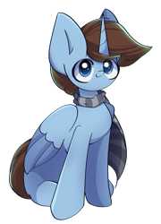 Size: 1875x2600 | Tagged: safe, artist:miryelis, oc, oc only, oc:sharfik, alicorn, pony, 2024 community collab, derpibooru community collaboration, big ears, clothes, scarf, simple background, sitting, smiling, solo, striped scarf, transparent background, wings