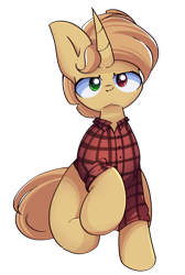 Size: 1747x2600 | Tagged: safe, artist:miryelis, oc, oc only, oc:brave boi, pony, unicorn, 2024 community collab, derpibooru community collaboration, clothes, heterochromia, horn, looking at you, raised hoof, simple background, sitting, smiling, solo, transparent background
