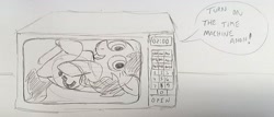 Size: 2169x927 | Tagged: safe, artist:dhm, oc, oc:filly anon, earth pony, pony, cursed image, female, filly, funny, happy, imminent death, implied anon, microwave, monochrome, playing, sketch, smiling, solo, time machine, traditional art