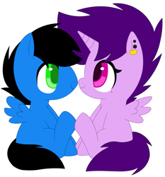 Size: 2333x2500 | Tagged: safe, artist:melodytheartpony, oc, oc only, oc:griff, oc:violet scratch, alicorn, pegasus, 2014, base used, couple, female, happy, high res, horn, looking at each other, looking at someone, loving, male, old art, piercing, re-lined, shipping, short mane, short tail, signature, simple background, smiling, spread wings, tail, unknown base, white background, wings
