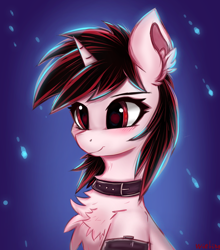 Size: 1800x2048 | Tagged: safe, artist:weiling, oc, oc only, oc:blackjack, pony, unicorn, fallout equestria, fallout equestria: project horizons, blushing, chest fluff, clothes, collar, cute, ear fluff, eyes open, fanfic art, red eyes, solo, stockings, thigh highs, white sclera