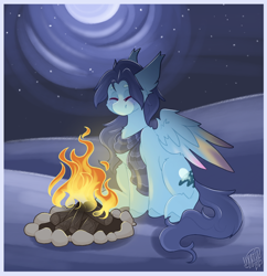 Size: 1768x1829 | Tagged: safe, artist:ezzerie, oc, oc only, oc:still waters, pegasus, pony, campfire, clothes, commission, male, moon, night, scarf, secret santa, snow, solo, stallion, stars, striped scarf