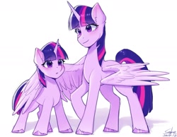 Size: 2125x1646 | Tagged: safe, artist:xiaowu07, twilight sparkle, alicorn, pony, unicorn, g4, cute, duality, female, filly, filly twilight sparkle, hug, looking at each other, looking at someone, mare, self paradox, self ponidox, simple background, smiling, smiling at each other, time paradox, twilight sparkle (alicorn), twolight, unicorn twilight, white background, winghug, wings, younger