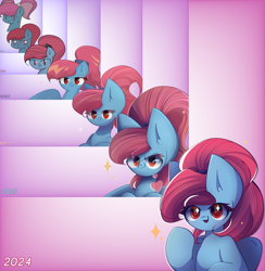 Size: 3850x3950 | Tagged: safe, artist:miryelis, oc, oc only, oc:rainven wep, pegasus, pony, big ears, droste effect, gradient background, high res, impossibly large ears, looking at you, progress, redraw, smiling, solo, sparkles