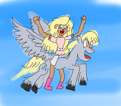 Size: 3200x2800 | Tagged: safe, artist:horsesplease, derpy hooves, human, pegasus, pony, g4, 2024, blonde, camp camp, cult camp, duo, duo female, female, happy new year, high res, holiday, humans riding ponies, jen (camp camp), new year, riding, rooster teeth, smiling