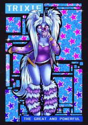 Size: 1748x2480 | Tagged: safe, artist:sweetpea-and-friends, trixie, unicorn, anthro, g4, alternate hairstyle, babysitter trixie, breasts, cleavage, clothes, ear piercing, female, fingerless gloves, fluffy legwarmers, gloves, hoodie, leg warmers, makeup, piercing, pigtails, selfie, shorts, solo