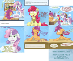 Size: 3844x3216 | Tagged: safe, artist:redheadfly, apple bloom, scootaloo, spike, sweetie belle, earth pony, pony, tumblr:ask-adultscootaloo, g4, apple, cutie mark crusaders, food, grammar error, high res, older