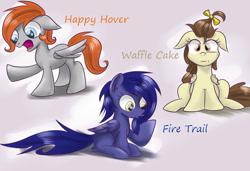 Size: 1280x873 | Tagged: safe, artist:redheadfly, pound cake, oc, oc:blazing sky, oc:lucky fly, pony, tumblr:ask-adultscootaloo, g4, angel cake, colt, female, filly, foal, male, rule 63