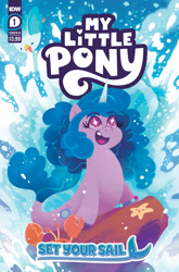 Size: 2063x3131 | Tagged: safe, artist:justasuta, official comic, izzy moonbow, mcsnips-a-lot, bird, crab, pony, seapony (g4), starfish, unicorn, g5, idw, official, spoiler:comic, spoiler:g5comic, comic cover, cute, female, fish tail, flowing mane, flowing tail, happy, here we go again, high res, horn, izzybetes, mare, movie reference, my little pony logo, my little pony: set your sail, ocean, open mouth, open smile, rock, seaponified, seapony izzy moonbow, set your sail, shoo be doo, smiling, species swap, splash, tail, teeth, the little mermaid, unshorn fetlocks, water, wingding eyes