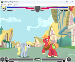 Size: 642x532 | Tagged: safe, artist:sunbusting, big macintosh, derpy hooves, earth pony, pegasus, fighting is magic, fighting is magic - roots, g4, female, food, game screencap, houses, male, mare, muffin, ponyville, squint, stallion