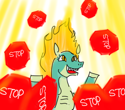 Size: 3200x2800 | Tagged: safe, artist:horsesplease, tianhuo (tfh), them's fightin' herds, community related, happy, high res, not salmon, stop sign, tianhuo and a road sign, wat, year of the dragon