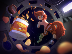 Size: 2914x2186 | Tagged: safe, artist:rexyseven, oc, oc only, oc:rusty gears, earth pony, pony, boots, chips, clothes, cracks, cupola, earth pony oc, female, floating, food, freckles, getting dressed, high res, mare, pants, shoes, solo, space, spacesuit, zero gravity