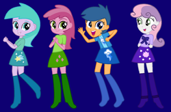 Size: 1336x874 | Tagged: safe, artist:rain-approves, artist:toybonnie54320, aura (g4), first base, ruby pinch, sweetie belle, series:my little filly: friendship is magic, equestria girls, g4, adorabase, aurabetes, awesome, base used, blue background, boots, bowtie, clothes, cute, cutie mark on clothes, cutie mark on skirt, dark blue background, diasweetes, equestria girls-ified, fabulous, female, girly girl, jacket, mane four, open mouth, open smile, pinchybetes, ribbon, shirt, shoes, simple background, smiling, tomboy