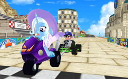 Size: 1920x1200 | Tagged: safe, artist:puzzlshield2, trixie, pony, g4, 3d, cape, clothes, crossover, hat, mario kart, meme, mmd, racing, sitting, smg4, super mario bros., trixie's cape, trixie's hat