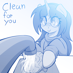 Size: 4560x4560 | Tagged: safe, artist:czu, derpibooru exclusive, oc, oc only, oc:logical leap, pony, unicorn, brain, c:, clothes, faucet, glasses, hoof hold, literal brainwashing, monochrome, organs, scar, sink, smiling, sweater