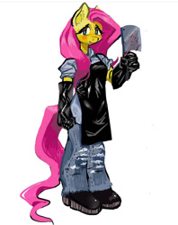 Size: 750x945 | Tagged: safe, artist:swedo, fluttershy, anthro, g4, apron, blood, boots, clothes, gloves, looking at you, meat cleaver, open mouth, shoes, simple background, smiling, solo, standing, white background