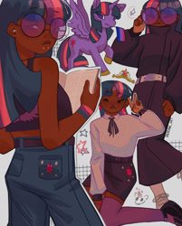 Size: 1829x2275 | Tagged: safe, artist:cinnabu, twilight sparkle, alicorn, human, pony, g4, bisexual pride flag, clothes, dark skin, denim, ear piercing, earring, glasses, humanized, jeans, jewelry, lip piercing, looking at you, one eye closed, pants, peace sign, piercing, pride, pride flag, purple eyes, skirt, solo, twilight sparkle (alicorn), wink