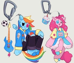 Size: 1080x917 | Tagged: safe, artist:cinnabu, pinkie pie, rainbow dash, anthro, g4, button eyes, carabiner, clothes, cupcake, duo, food, guitar, jacket, keychain, musical instrument, open mouth, simple background, sitting, skirt, smiling