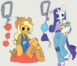 Size: 1080x926 | Tagged: safe, artist:cinnabu, applejack, rarity, anthro, g4, apple, button eyes, carabiner, clothes, denim, duo, food, gem, jeans, jewelry, keychain, necklace, overalls, pants, simple background, smiling