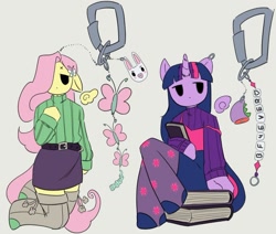 Size: 1080x915 | Tagged: safe, artist:cinnabu, fluttershy, twilight sparkle, butterfly, anthro, g4, book, button eyes, carabiner, clothes, duo, keychain, simple background, sitting, skirt, sweater