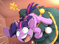 Size: 2140x1600 | Tagged: safe, alternate character, alternate version, artist:felixf, twilight sparkle, pony, unicorn, g4, action pose, behaving like a cat, christmas, christmas tree, dropping, faic, falling, female, holiday, horn, mare, motion lines, open mouth, pinpoint eyes, screaming, solo, speed lines, teeth, tiny pupils, tree, twilight cat, unicorn twilight