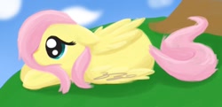 Size: 1280x619 | Tagged: dead source, safe, artist:fuzzballpup, fluttershy, pegasus, pony, g4, folded wings, lying down, outdoors, solo, tail, wings