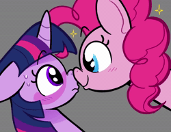 Size: 932x720 | Tagged: safe, artist:another_pony, pinkie pie, twilight sparkle, earth pony, pony, unicorn, g4, animated, blushing, bust, duo, eye shimmer, female, floppy ears, gray background, lesbian, looking at each other, looking at someone, mare, no sound, nose to nose, ship:twinkie, shipping, simple background, smiling, staring contest, sweat, sweatdrop, sweatdrops, webm