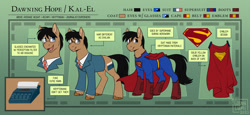 Size: 1800x828 | Tagged: safe, artist:cosmalumi, oc, oc only, oc:dawning hope, earth pony, kryptonian, pony, fanfic:stallion of tomorrow, cape, clark kent, clothes, crossover, dc comics, fake cutie mark, fanfic art, glasses, kal-el, necktie, ponified, reference sheet, solo, suit, superman