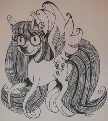 Size: 1348x1520 | Tagged: safe, artist:lmoustache, oc, oc only, oc:tulipa, pegasus, pony, contest entry, curly eyelashes, female, freckles, ink drawing, mare, monochrome, smiling, solo, spread wings, tim burton, traditional art, wings