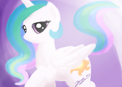 Size: 1151x824 | Tagged: dead source, safe, artist:fuzzballpup, princess celestia, alicorn, pony, g4, female, folded wings, horn, looking at you, mare, smiling, solo, tail, wings