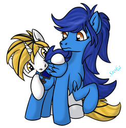 Size: 2157x2190 | Tagged: safe, artist:sroka001, oc, oc only, oc:amber steel, oc:srok, pegasus, pony, unicorn, biting, butt bite, chest fluff, duo, high res, simple background, transparent background