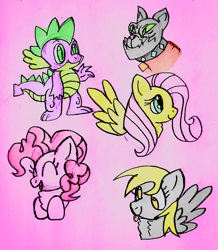 Size: 1785x2043 | Tagged: safe, artist:ferretseq, derpibooru exclusive, derpy hooves, fluttershy, pinkie pie, rover, spike, diamond dog, dragon, earth pony, pegasus, pony, g4, :p, chest fluff, digitally colored, doodles, pink background, simple background, tongue out, traditional art