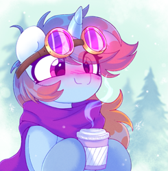 Size: 1117x1142 | Tagged: safe, artist:flixanoa, oc, oc only, oc:sunset skies, pony, unicorn, blushing, chocolate, clothes, coffee cup, cup, food, goggles, gradient mane, happy, hot chocolate, jacket, scarf, solo