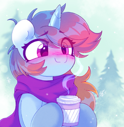 Size: 1117x1142 | Tagged: safe, alternate version, artist:flixanoa, oc, oc only, oc:sunset skies, pony, unicorn, blushing, chocolate, clothes, coffee cup, cup, food, gradient mane, happy, hot chocolate, scarf, solo