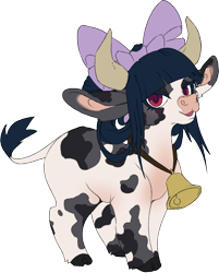 Size: 1030x1280 | Tagged: safe, artist:jennithedragon, oc, oc only, oc:mookery, cow, pony, accessory, bell, big bow, blue hair, blue mane, bow, cloven hooves, cow ears, cow horns, cow oc, cow tail, cowbell, digital art, ears, eyelashes, female, floppy ears, hair bow, horns, long ears, looking at you, mottled coat, open mouth, open smile, red eyes, simple background, smiling, solo, standing, tail, transparent background