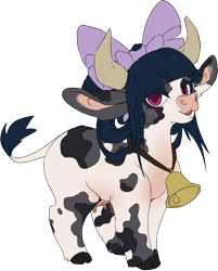 Size: 1030x1280 | Tagged: safe, alternate version, artist:jennithedragon, oc, oc only, oc:mookery, cow, pony, accessory, bell, big bow, blue hair, blue mane, bow, cloven hooves, cow ears, cow horns, cow oc, cow tail, cowbell, digital art, ears, eyelashes, female, floppy ears, hair bow, horns, long ears, looking at you, mottled coat, open mouth, open smile, red eyes, simple background, smiling, solo, standing, tail, transparent background, udder