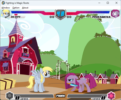 Size: 642x532 | Tagged: artist needed, safe, derpy hooves, pinkie pie, earth pony, pegasus, fighting is magic, fighting is magic - roots, g4, game screencap, knife, pinkamena diane pie, squint, sweet apple acres, this will end in cupcakes