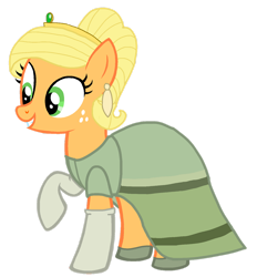 Size: 1280x1381 | Tagged: safe, artist:mlp-headstrong, applejack, earth pony, pony, g4, alternate hairstyle, applejack also dresses in style, clothes, crown, dress, ear piercing, earring, evening gloves, female, freckles, gloves, grin, jewelry, long gloves, mare, piercing, raised hoof, regalia, simple background, smiling, solo, the princess and the frog, tiana, transparent background